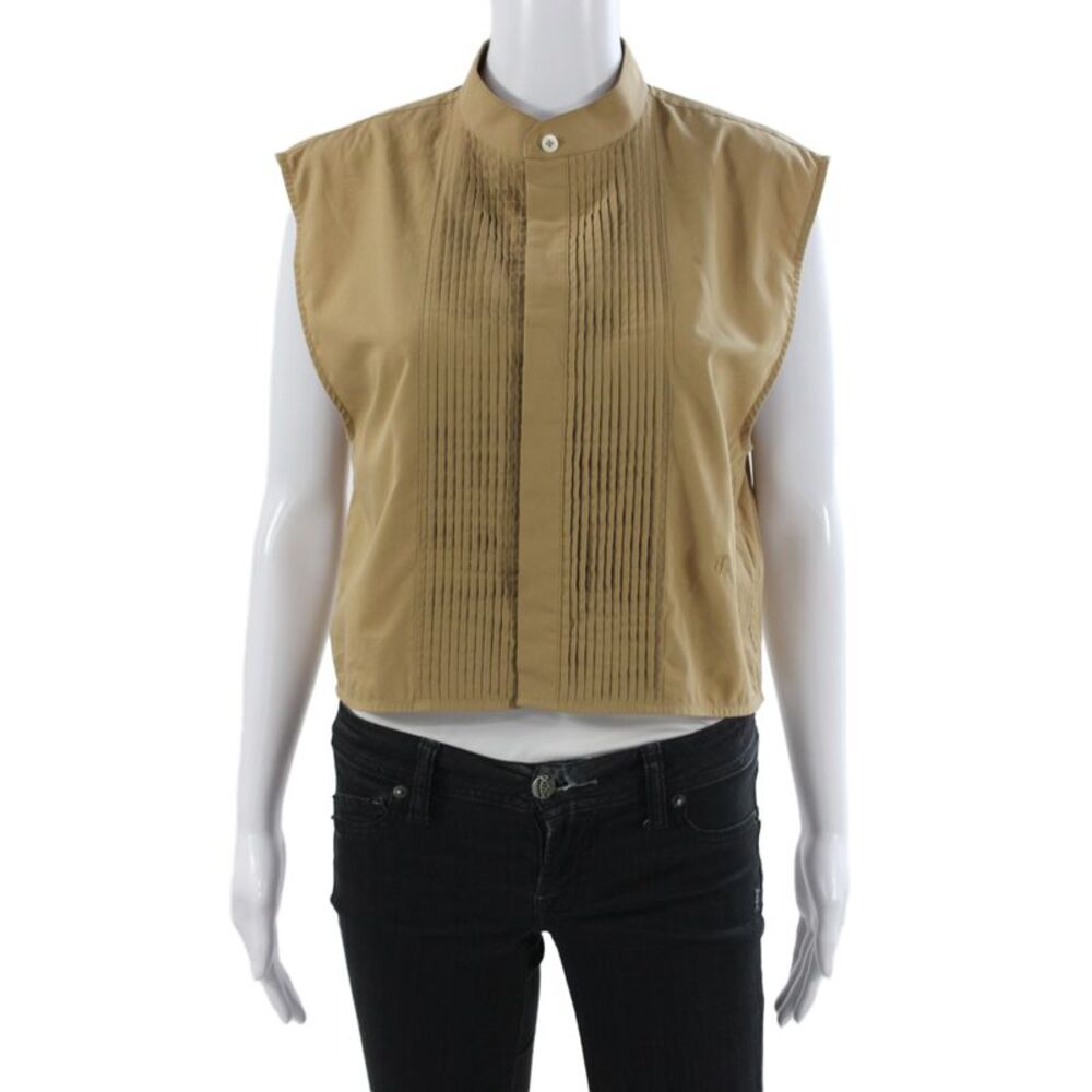 Helmut Lang Women Cropped Collared Sleeveless Button-Up Beige Cotton Top Size XS